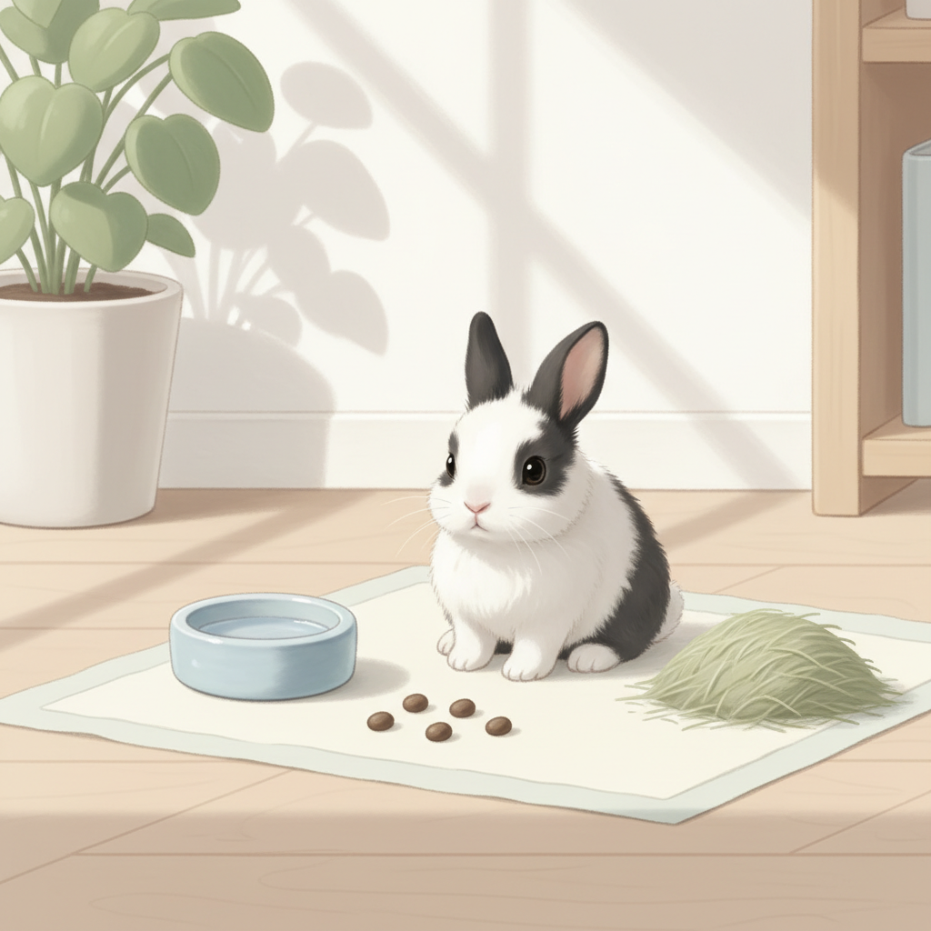 Baby rabbit on a clean mat beside hay, water, and neat droppings for digestion checks.