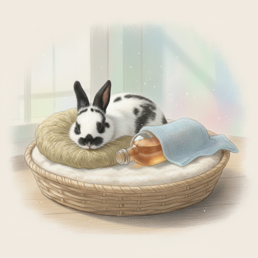 Baby rabbit resting in a nest basket with a warm bottle and soft mat.