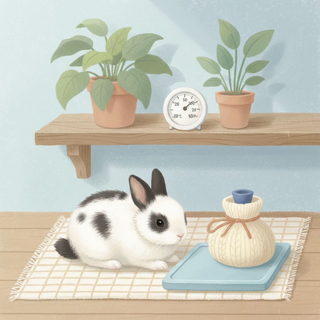 Baby rabbit in a cozy room with a thermometer and hygrometer for temperature control.