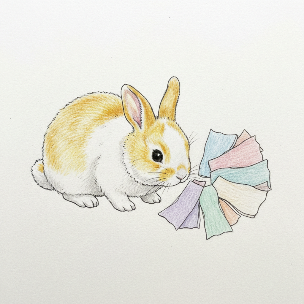 Pastel swatches and curious sniffing pose.